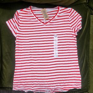 Red and White Striped V-Neck T-Shirt
